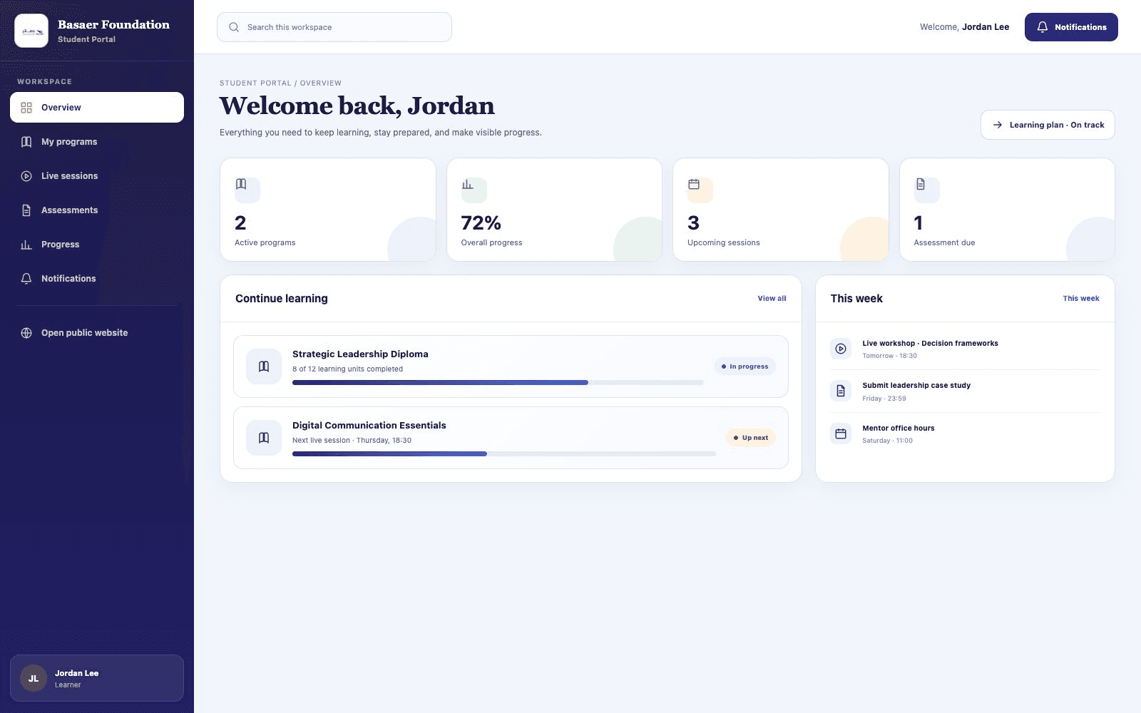 Basaer Foundation student dashboard in English